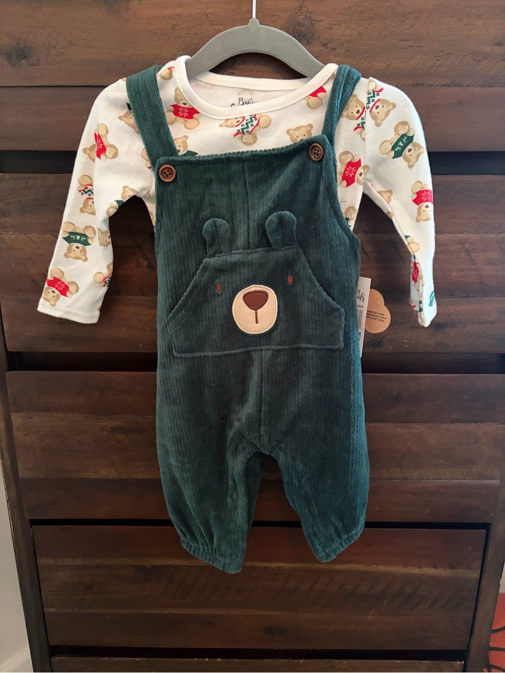 Corduroy Bear Overalls and Bear Print Top - Green - Unbranded